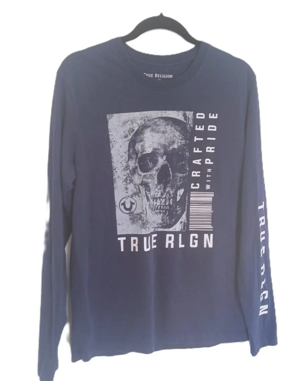 True Religion Navy Blue Skull Graphic Long Sleeve Crewneck Tee Shirt Size M